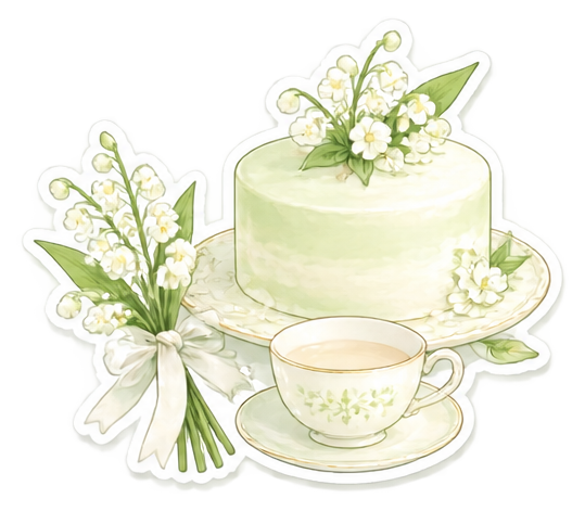 铃兰花、奶油绿蛋糕和小茶杯